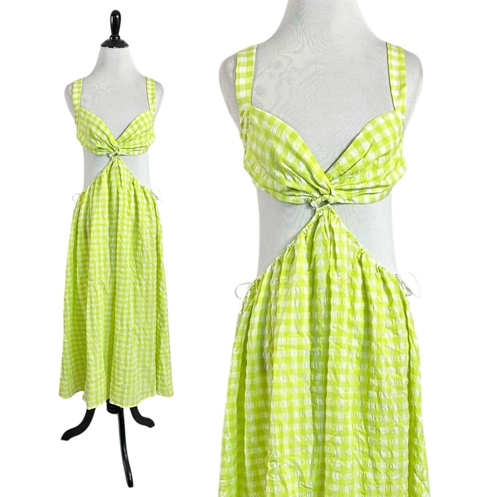 For Love & Lemons Maureen Midi Dress Size Small Neon Green Gingham Cut Out NWT - Picture 9 of 15